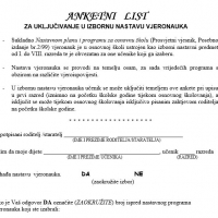 Anketni list (srednja škola) za uključivanje u izbornu nastavu vjeronauka